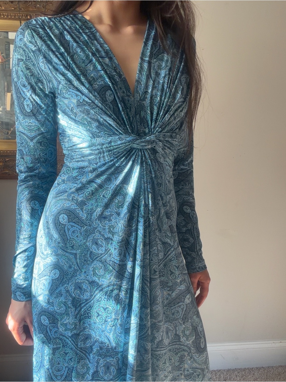 Ilse Jacobsen Long Sleeve Blue Paisley Midi Dress, Size XS (NWT)